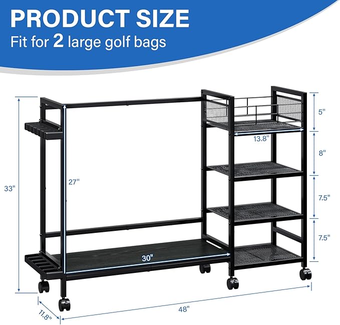 TC-HOMENY Golf Bag Storage Organizer for Garage, Golf Bag Stand with Wheels, Golf Bag Organizer for 2 Golf Bags, Golf Bag Accessories Storage Rack, Extra Golf Clubs Equipment Stand, Golf Bag Holder