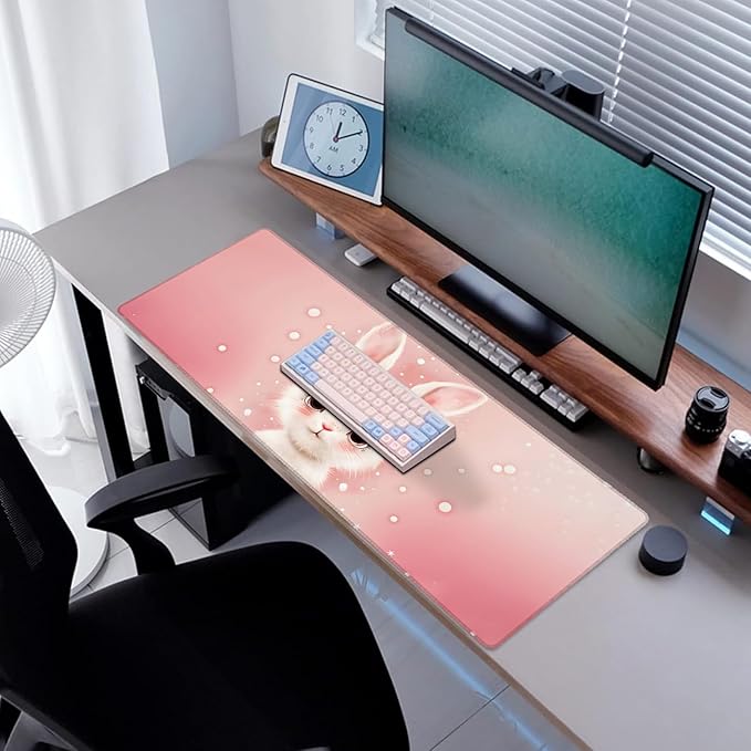 Bunny Rabbit Gaming Mouse Pad, Desk Mat, Non-Slip Rubber Base Cool Aesthetic MousePads for Computer Laptop Keyboard Office School Home Desktop Accessories Decor 31.5" x 11.8"