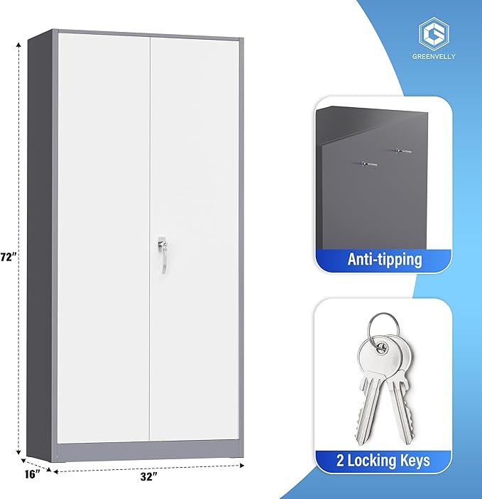 Greenvelly Metal Garage Storage Cabinet, 72” Steel Locking Storage Cabinet with 2 Doors and 4 Adjustable Shelves, Metal Tool Cabinets, Lockable File Cabinets for Home Office, Garage (Gray White)