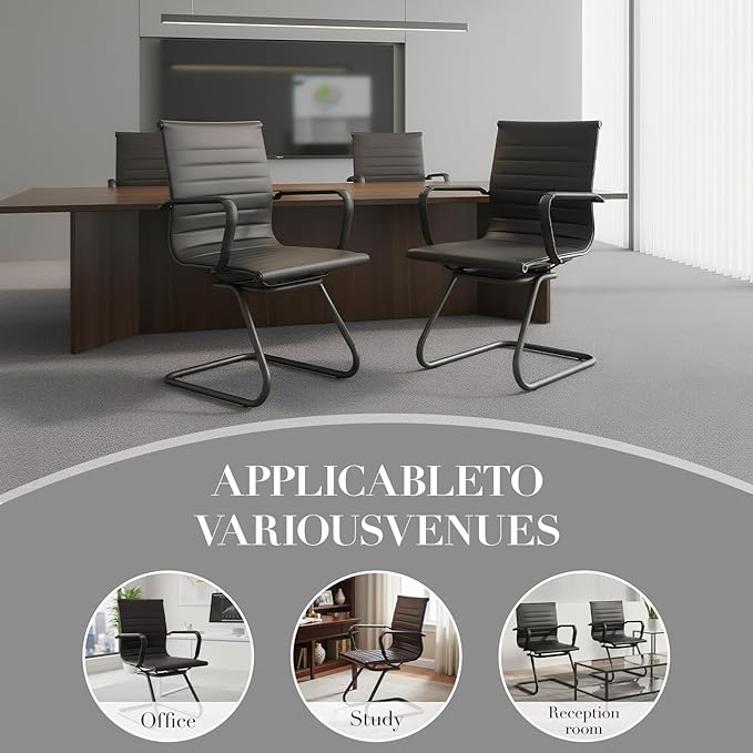 CIMOTA Waiting Room Chairs Leather Office Guest Chair Mid Back Reception Chairs with Sled Base for Meeting/Patient/Conference Room, Retro Black Set of 4
