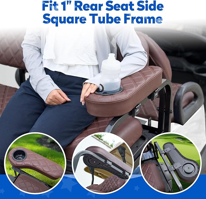 NOKINS Golf Cart Seat Covers for EZGO TXT 1994-2013/EZGO RXV, Vinyl Front&Rear Seat Cover with Flip-Up Armrests kit, with Cup Holder, for 1" Square Tube (Brown&Brown 8438)