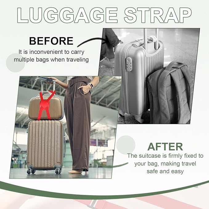 Adjustable Luggage Straps, Suitcase Elastic Strap Bag Bungee with Buckles Travel Accessories - Fitting for(Travel/Add A Bag/Securing Luggage), 27-66 Inch & 2Pcs & Green