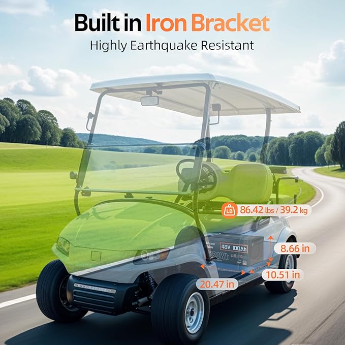HumsiENK 48V 100Ah Golf Cart LiFePO4 Lithium Battery Bluetooth Monitor with 15A Charger, 15000+ Cycles Battery with Peak Current 600A & Group 8D, 200A BMS with Low-Temp Protection for Golf Carts