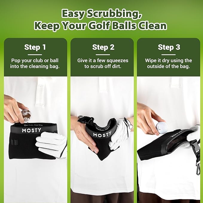 MOSTY Golf Club & Ball Cleaner Bag,Durable Golf Club Cleaning Kit and Ball Washer Pouch,Club Cleaner for Golf Bag, Golf Gifts for Men Women Golfers Him Unique, Essential Golf Accessories