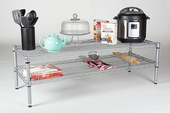 Omega Shelving Storage | 2 Tier Starter Shelving Unit 21" Deep x 24" Wide x 14" High - 800 lb Weight Capacity per Shelf, Adjustable Wire Shelving, Tool-Free Assembly |Grey Shelving