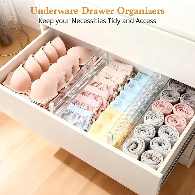4 Pack Drawer Dividers for Clothes, 4" High 10"-17" Drawer Dividers Adjustable Expandable Dresser Drawer Organizers, Clear Dresser Separators for Clothes, Underwear, Baby Clothes, Cosmetic, Toiletries