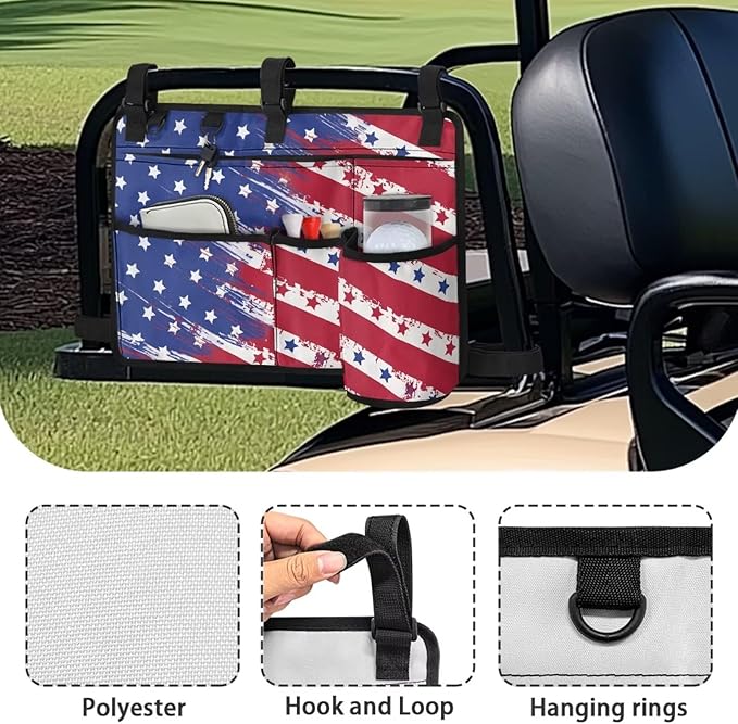 American Flag Golf Cart Bag, Golf Cart Rear Seat Organizer with Open Pockets for Golf Balls & Bottles
