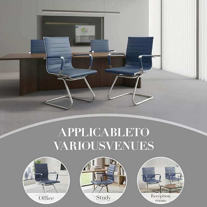 CIMOTA Waiting Room Chairs Leather Office Guest Chair Mid Back Reception Chairs with Sled Base for Meeting/Patient/Conference Room, Navy Set of 2