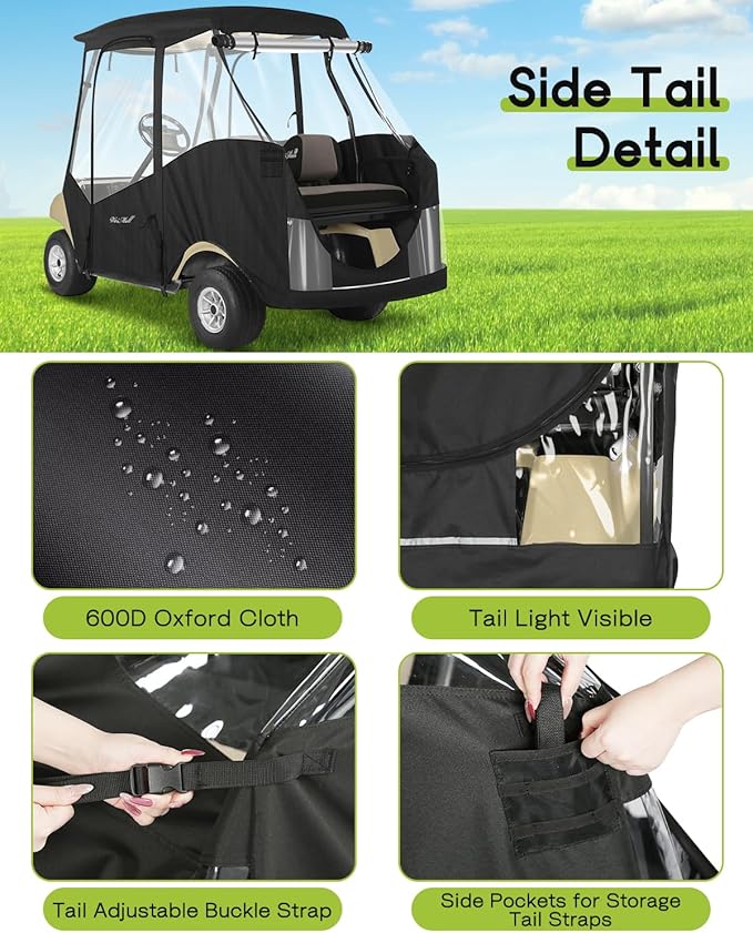 Golf Cart Enclosure 4 Passenger for Club Car DS 4-Seater 2+2 Short Roof Winter Waterproof Windproof Driving Rain Cover with 4-Sided Clear Windows Mirror Zipper Roll-up Door Black