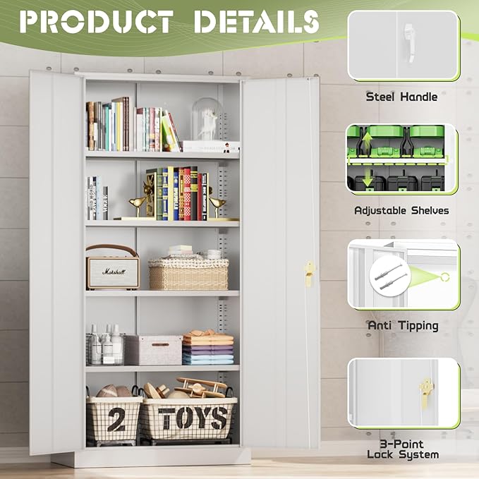 SUNCROWN 72" Metal Storage Cabinet - Heavy-Duty Metal Garage Cabinet with 4 Adjustable Shelves & 2 Doors for Tools, Office, Home, Workshop,White