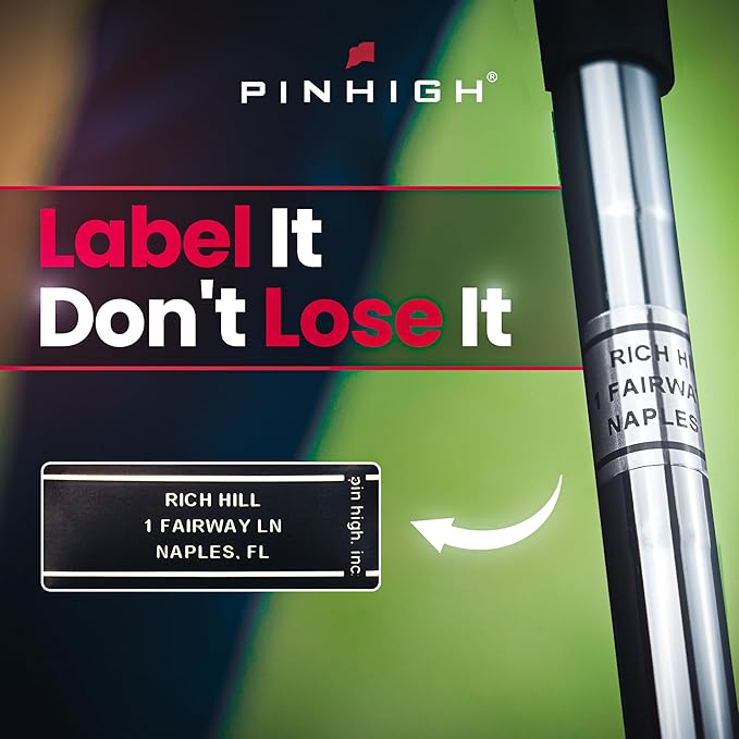 PIN HIGH: 40 Personalized Golf Club ID Labels | Weatherproof, Fade Resistant, Laminated Thermal Transfer Labels, Made in The USA, (Free Customization & Shipping), Black
