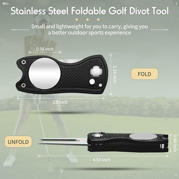 Skylety 4 Pcs Golf Divot Repair Tool Metal Foldable Golf Divot Tool with Magnetic Pop-up Button Ball Marker Stainless Steel Switchblade for Golfers Prizes