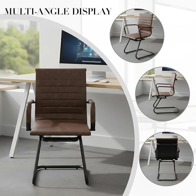 CIMOTA Waiting Room Chairs Set of 6 Leather Office Guest Chair Mid Back Reception Chairs with Sled Base for Meeting/Patient/Conference Room, Retro Brown, 6PCS