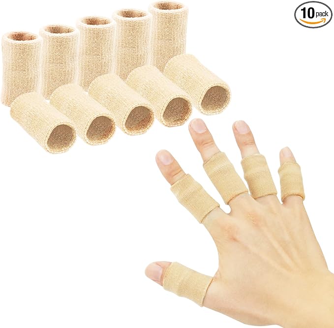 Finger Sleeves , Thumb Splint Brace For Finger Support, Breathable Elastic Finger tape, Compression pression Protector For Reliving Pain, Triggger Finger, Compression Aid For Sports, 10PCS (Beige)