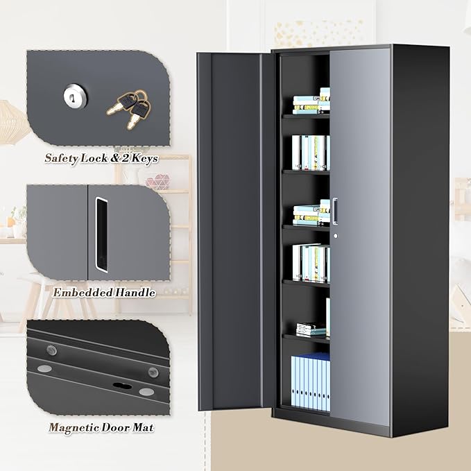 Athena Collection 71" Tall Metal Storage Cabinet with 2 Doors and 6 Ajustable Shelves, Garage Storage Cabinet for Files, Tools, Home Offcie, School, Garage, Pantry, Grey Black