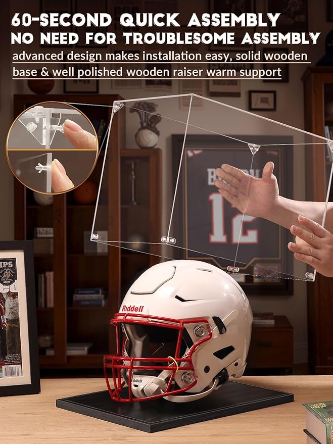 JupDec Football Helmet Display Case, Full Size Acrylic Baseball Motorcycle Helmet Showcase, UV Protection Souvenirs and Collectibles Box with Solid Wood Base & Riser, Ideal Gift for Sports Fans, Black