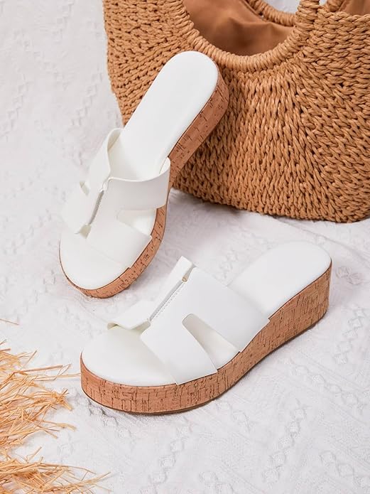 Coutgo Womens Platform Wedge Sandals Open Toe Slip On Slides Cork Heeled Comfortable Shoes