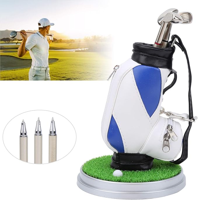 Golf Bag Pen Holder, Mini Desktop Zinc Alloy Golf Bag Pen Holder Set with Golf Pens Gift Souvenir for Golfers Office Decor (Blue White)
