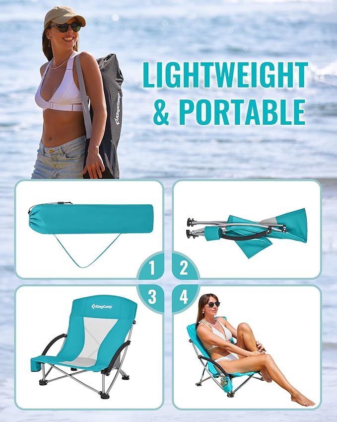 KingCamp Low Beach Chairs, Folding Portable Chair for Adults Lightweight Extra Wide Seat 300lbs Heavy Duty Oversized Backpack, Carry Bag for Camping