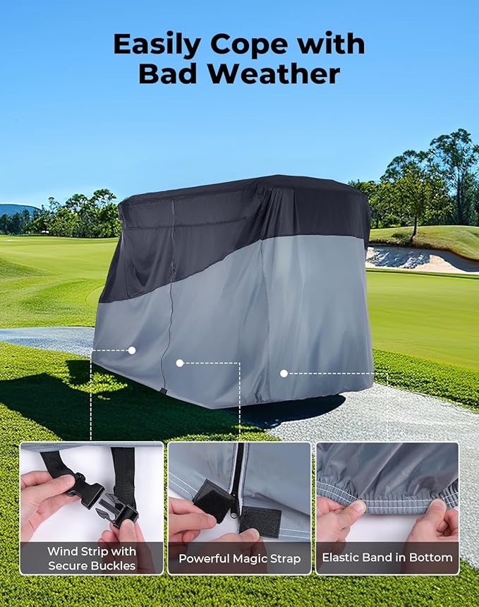 KEMIMOTO Golf Cart Cover, 2/2+2/4/4+2/6/6+2/8 Passenger Heavy Duty Golf Cart Rain Covers with Storage Bag Universal Compatible with EZGO Club Car