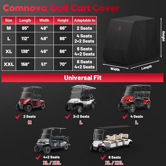 Comnova Golf Cart Cover 4 Passenger - 600D Waterproof Golf Carts Enclosure with Zipper, Windproof & UV Resistant, Outdoor Golf Cart Cover Universal Fit EZGO, Club Car, Yamaha up to 112"L x 48"W x 66"H