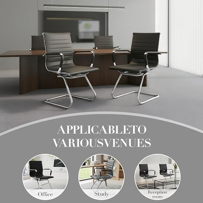 CIMOTA Waiting Room Chairs Leather Office Guest Chair Mid Back Reception Chairs with Sled Base for Meeting/Patient/Conference Room, Black Set of 2