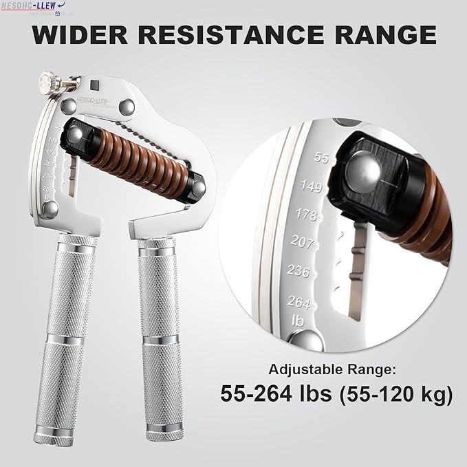 Adjustable Grip Strength Trainer: Premium 304 Stainless Steel Structure, Aerospace Grade Aluminum Alloy Handle, Grip Strength Adjustable Range 55-264 lbs