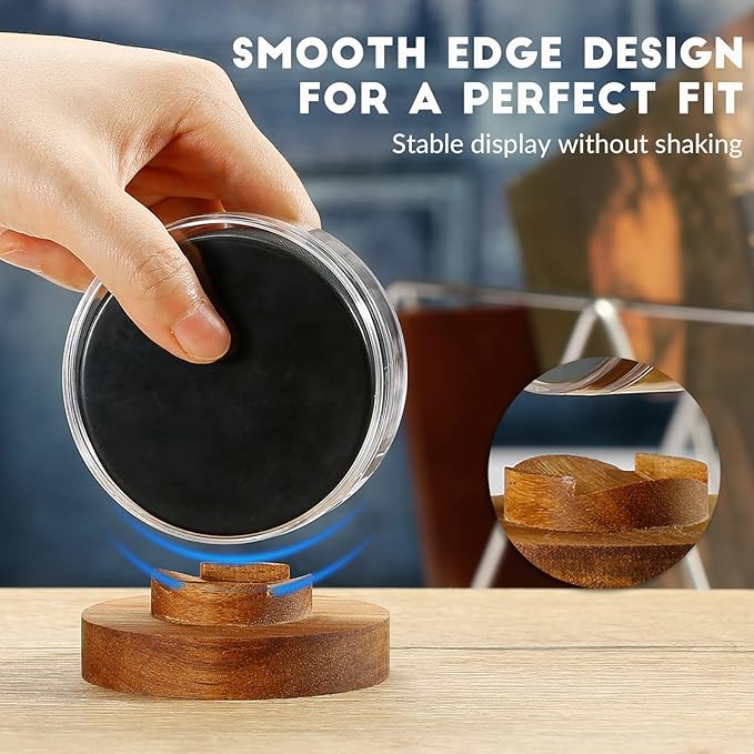 JupDec Hockey Puck Display Case Acrylic Clear Holder with Wood Base, Autograph Souvenir Display Stand, Perfect Showcase for Your Collection, Brown, 1 Pack