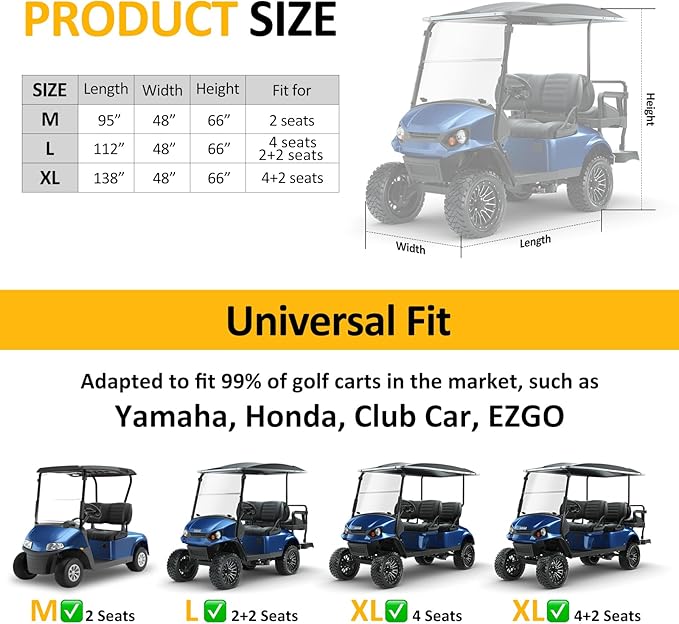 Falafa Golf Cart Cover 6 Passenger, Heavy Duty 420D Waterproof All Weather Protection, Universal Fit for EZGO Club Car Yamaha with Storage Bag & Reflective Strips