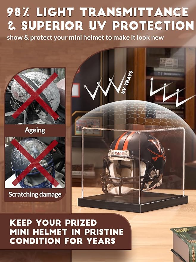 JupDec Mini Helmet Display Case, Acrylic Clear 1/2 Football Baseball Helmet Showcase, UV Protection Souvenirs and Collectibles Box with Solid Wood Base & Riser, Ideal Gift for Sports Enthusiast, Black