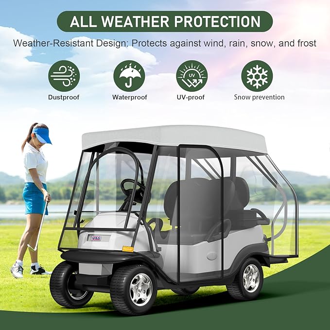 Rosefray Golf Cart Enclosure - 2+2 Drivable Rain Cover for Short Roof 58" EZGO, Club Car - Durable Door Zipper, 4-Sided Clear Windows (4 Seater)