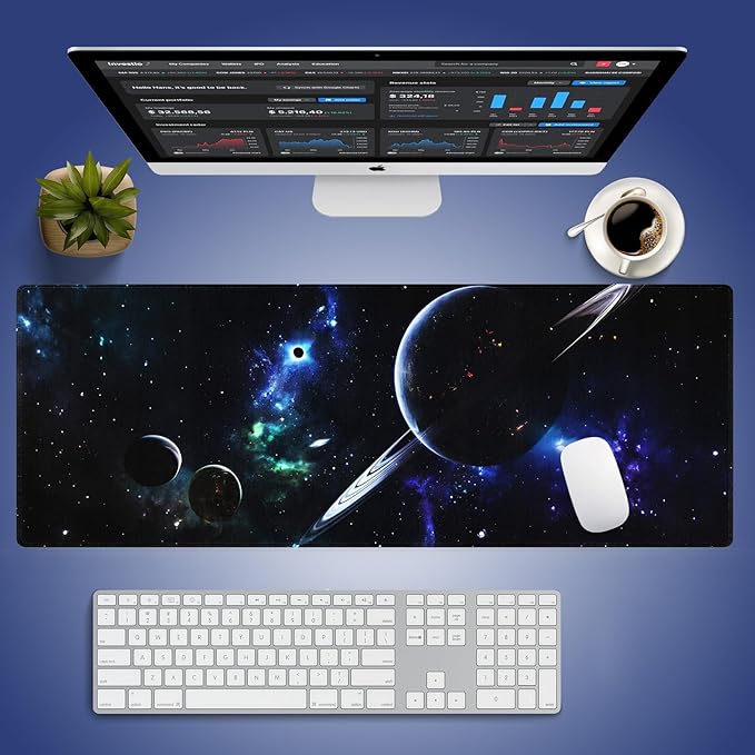 Wknoon. Extra Large Gaming & Office Mouse Pad (31.5" x 11.8") – Space Planets Navy Blue Galaxy, Premium Anti-Slip XXL Desk Mat with Durable Stitched Edges