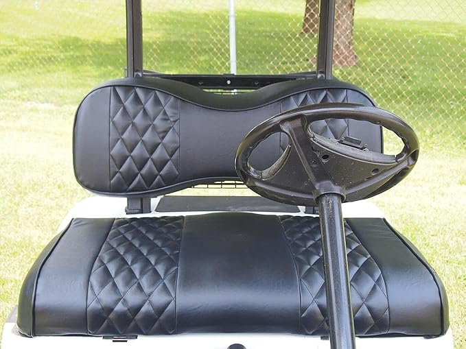 Huskey 4PCS Golf Cart Front/Rear Seat Covers for EZGO Freedom TXT 2014+, Valor Custom Two-Tone Black Diamond Stitching with Black Piping, Marine Grade Vinyl Material, Staple on Design