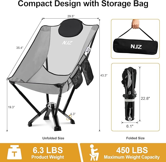 High-Back Camping & Indoor Relax Chair, Compact Foldable Chairs with Aircraft-Grade Aluminum Frame, Folding Chair Collapsible for Outdoor Camp, Home, Backpacking, Hiking, Beach, Supports 450lbs