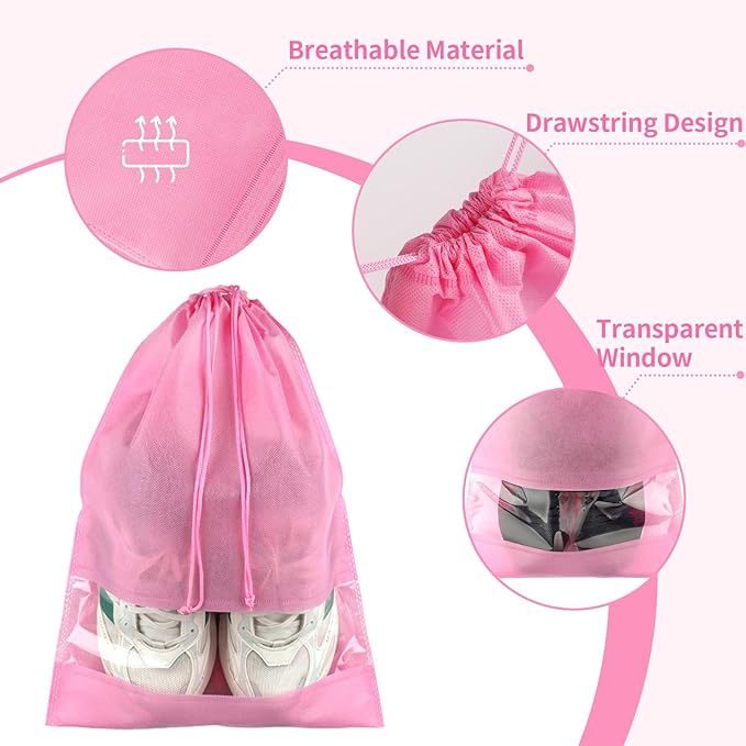 20 Pack Shoe Bags for Travel, Large Travel Shoe Bags for Packing with Clear Window, Dustproof Drawstring Travel Shoe Storage Bags Travel Essentials for Men & Women, Pink