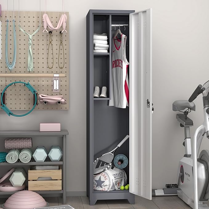 GREATMEET Slim Locking Metal Garage Storage Cabinet, 65" Lockable Utility Closet, Tall Steel Narrow Broom Closet Storage Cabinets with Door and Shelves for Laundry Room, Bathroom, White & Grey