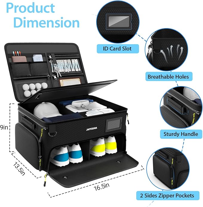 4-Layer Golf Trunk Organizer, Golfer Gifts for Men Women with Separate Ventilated Compartment for 2 Pairs Shoes, Waterproof Car Golf Locker Storage Bag for Golf Gear and Accessories,Black
