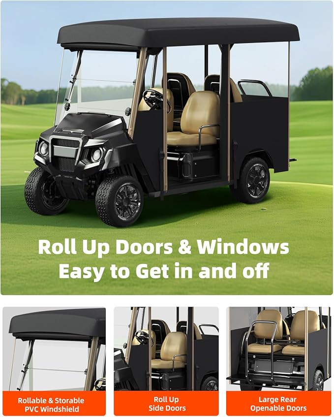 Golf Cart Cover Enclosure 4&6 Passenger, Golf Cart Cover for Yamaha Club Car EZGO, Waterproof 600D Oxford Rain Cover, Transparent Tail Light Panel, Foldable Door,4-Sided Clear Windows