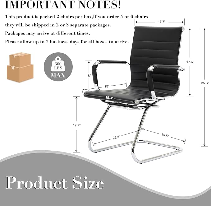 CIMOTA Waiting Room Chairs Leather Office Guest Chair Mid Back Reception Chairs with Sled Base for Meeting/Patient/Conference Room, Black Set of 4