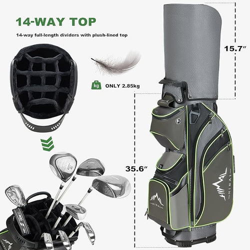 14-Way Golf Cart Bag with Full Length Divider, Premium PU Leather Golf Bag with Plush Top, Magnetic Pocket and Rain Cover for Men
