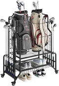 2 Golf Bag Storage Organizer Stand for Garage Heavy Duty Metal Golf Bags Storage Rack with Wheels Wave Club Holder 2 Drawers & Shoe Rack for Home Basement Shed