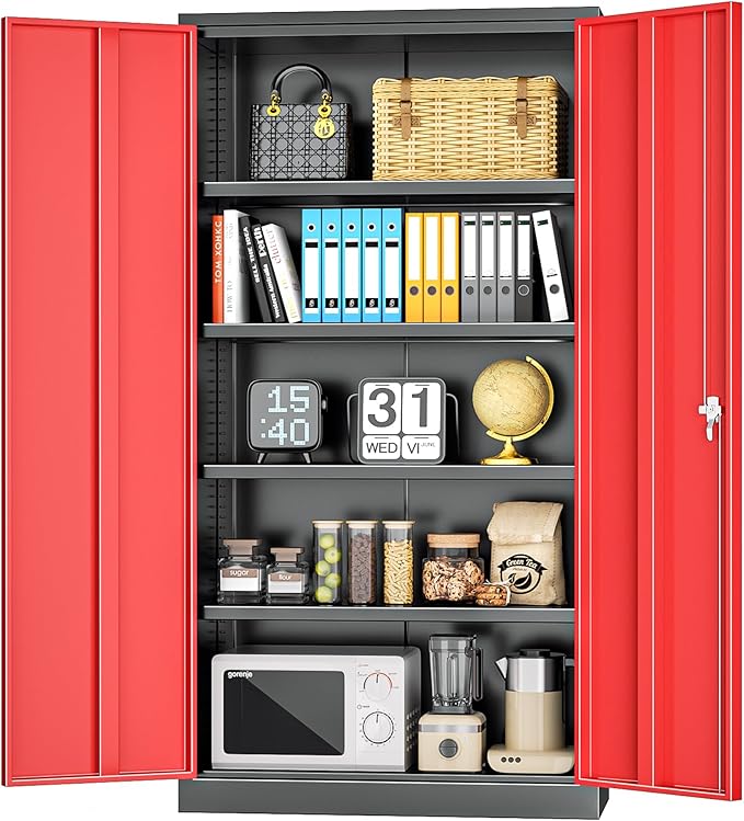 INTERGREAT Metal Storage Cabinet with Doors, 72" Locking Steel Storage Cabinet with Shelves, Tall Metal Cabinet Lockable Steel Cabinets for Home Office, Garage,(Black+Red)