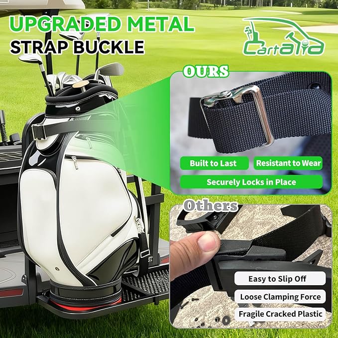 Golf Cart Bag Holder Bracket Upgraded Metal Attachment for 2+2 Rear Seat with 1 Inch Square Rail Golf Cart, No Drilling Required Golf Bag Rack for EZGO Club Car Yamaha Included All Hardware