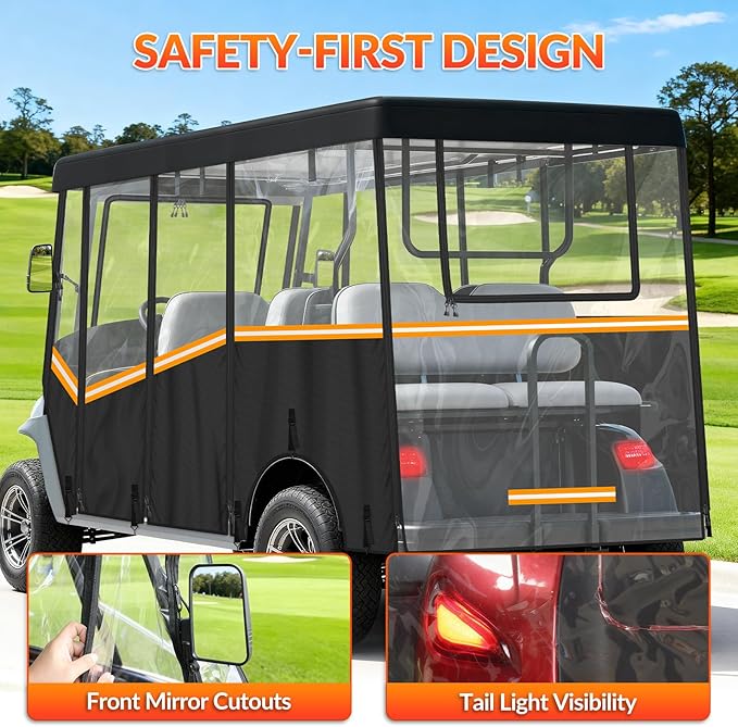 Golf Cart Enclosure for 6 Passenger, 600D Waterproof Golf Cart Rain Cover with Clear PVC Windshields, Compatible with Club Car & EZGO, Fits Extended Roof, Roll-Up Doors & Windproof Straps