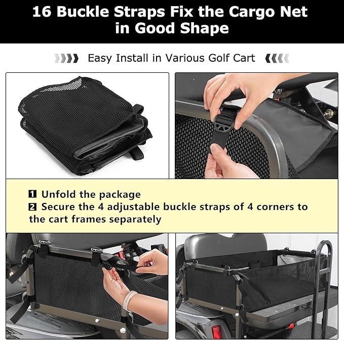Golf Cart Cargo Mesh Organizer Compatible with Yamaha, Club Car, EZGO, Golf Cart Storage Net with Adjustable Buckle Strap