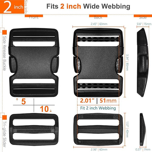 2 inch Straps Buckles Set: Nylon Webbing Strap 6 yard, Side Release Plastic Buckle 5 pack, Tri-glide Slide Clip 10 pcs, Heavy Duty Quick Snap Fasteners Dual Adjustable No Sewing Required