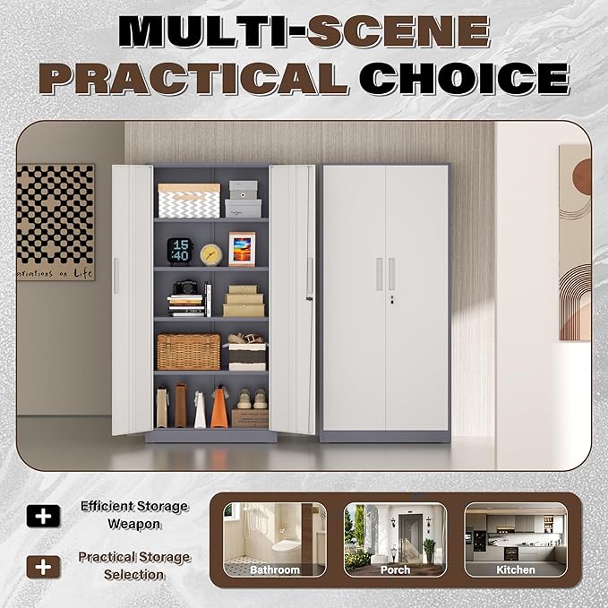 Incbruce 72” Metal Storage Cabinet, Garage Cabinets and Storage System with Doors and Shelves, Tall Lockable Tool Cabinet for Garage, Office, Home (Grey White)