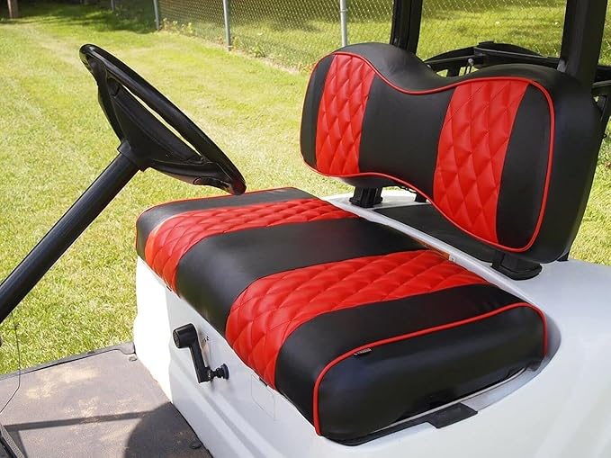 Huskey 2PCS Golf Cart Front Seat Covers for EZGO RXV 2008-UP G&E Models Custom Two-Tone Black/Red Diamond Stitching with Red Piping, Marine Grade Vinyl Material, Staple on Design