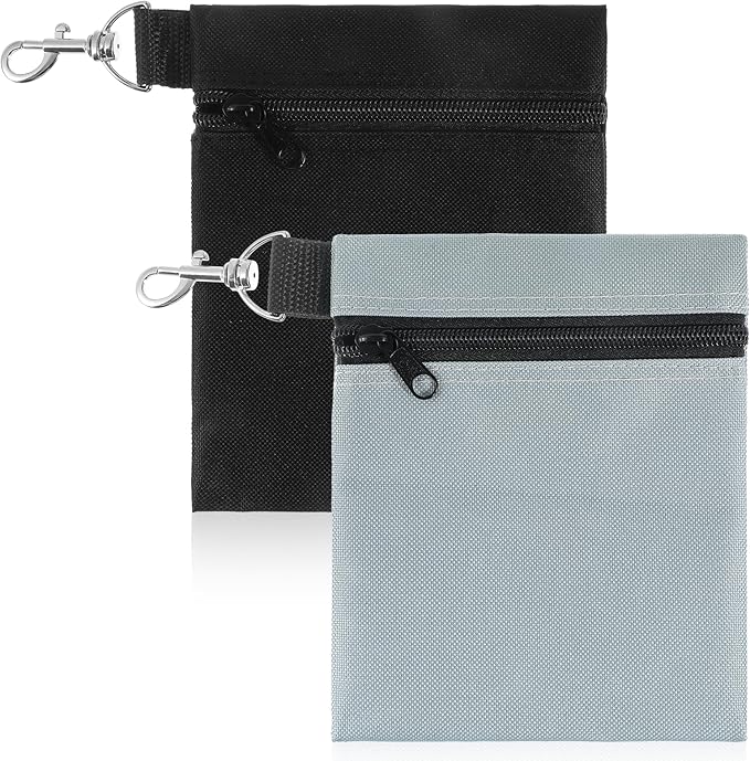 2 Pack Golf Ball Bag, Golf Tee Bag Pouch 6.7" x 5.5" Zippered Pouch with Metal Lobster Clip, Waterproof Golfs Accessories Organizer for Tees Balls, Valuables Holder, Men Women (Black, Gray)