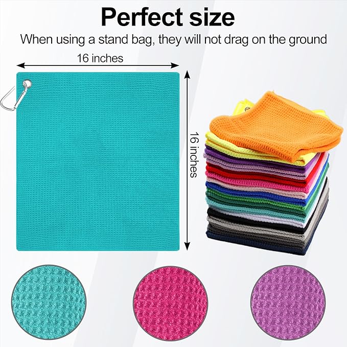 3 Pack Golf Towels, 16" x 16" Premium Microfiber Waffle-Pattern Golf Towel with Aluminum Carabiner Clip - Contains Golf Towels in 3 Colors of Pick, Purple and Cyan for Women's Golf Club Bag